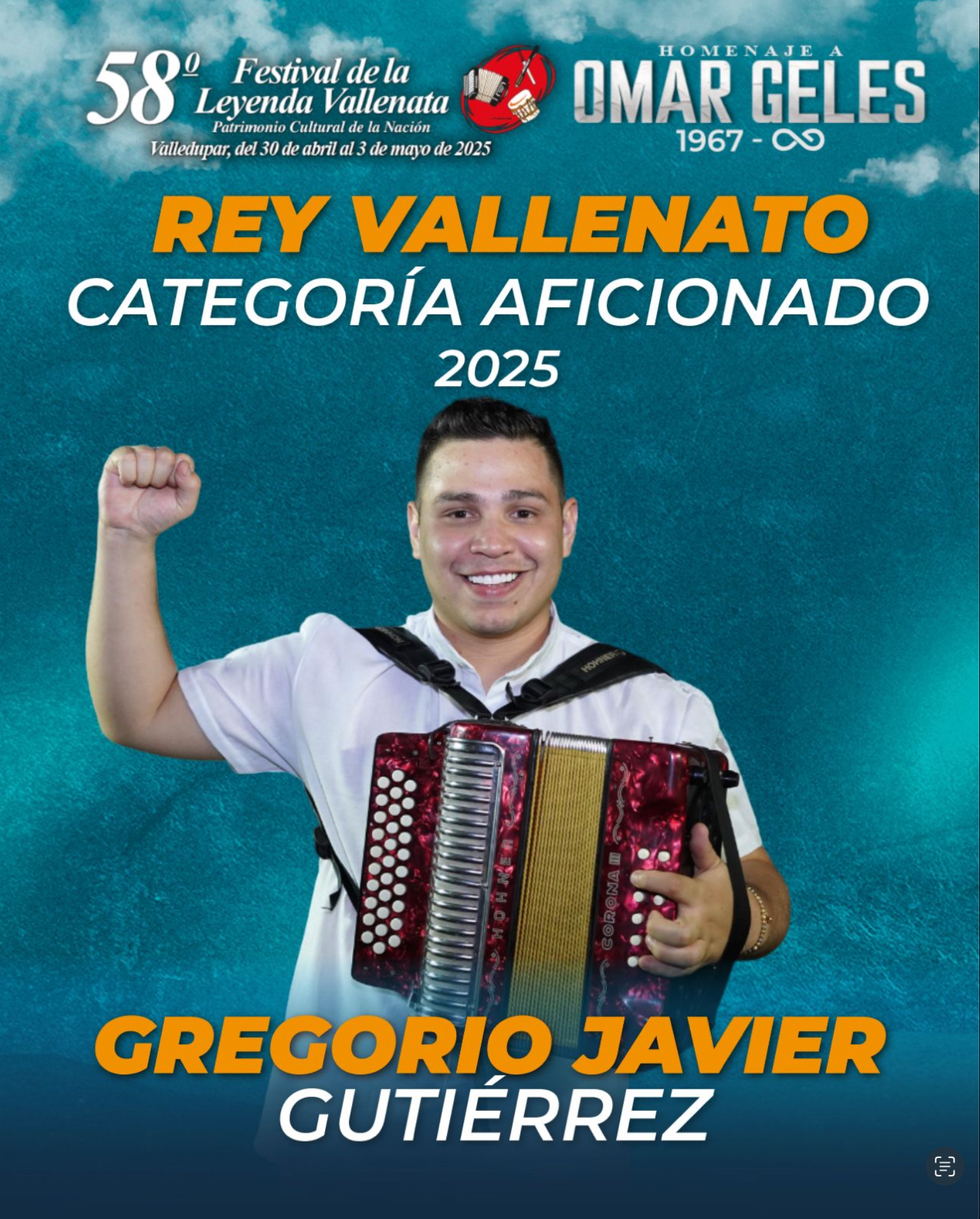 Gregorio Javier Gutiérrez Tocora, es el nuevo Rey Vallenato Aficionado 2025