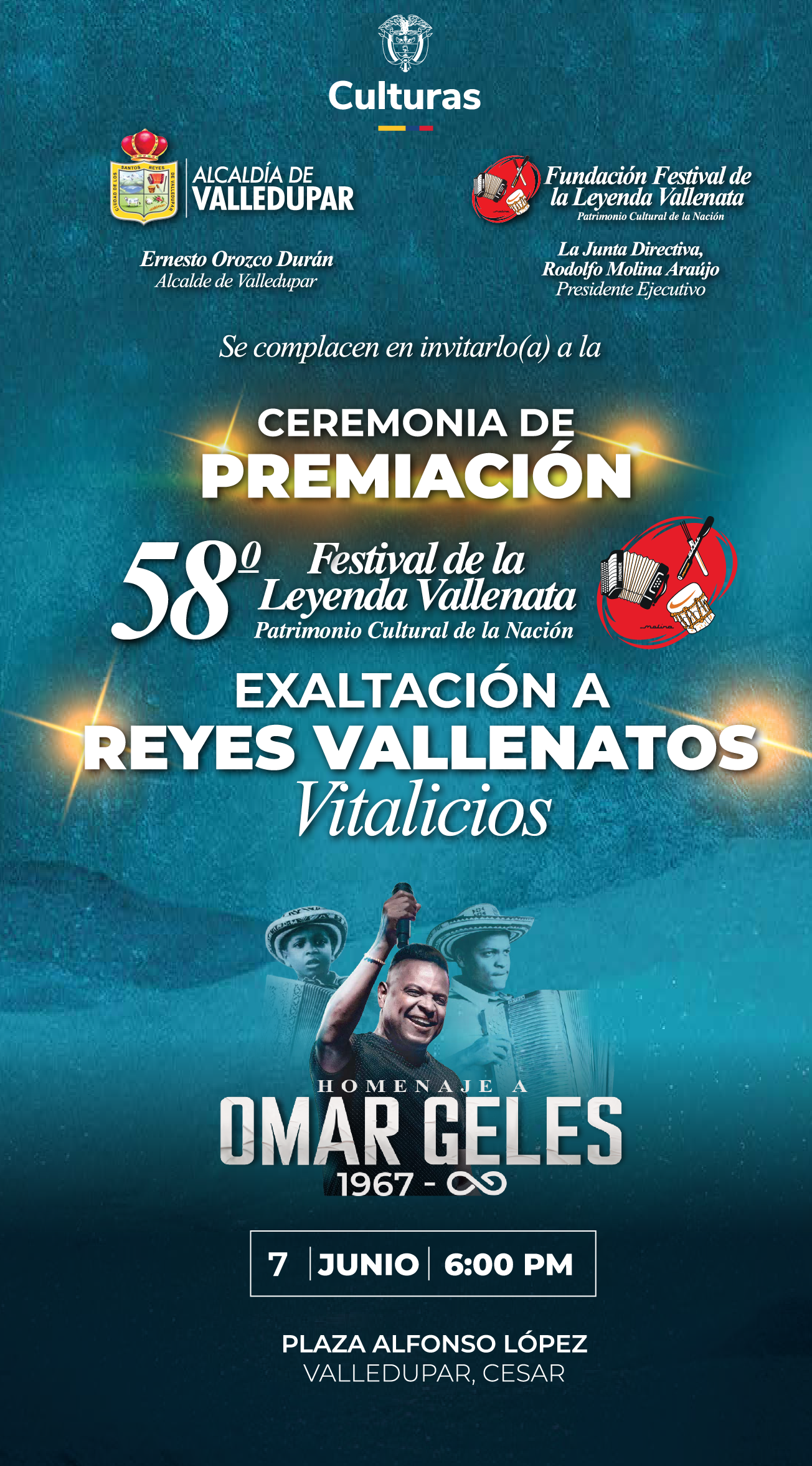 Este siete de junio, Exaltación a Reyes Vallenatos Vitalicios y Premiación del 58° Festival de la Leyenda Vallenata